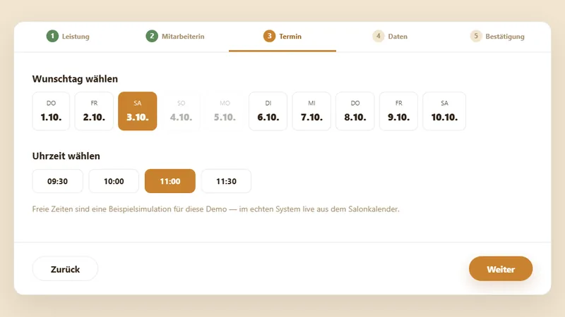 Ausschnitt der Beispiel-Terminbuchung: Wunschtag und Uhrzeit wählen